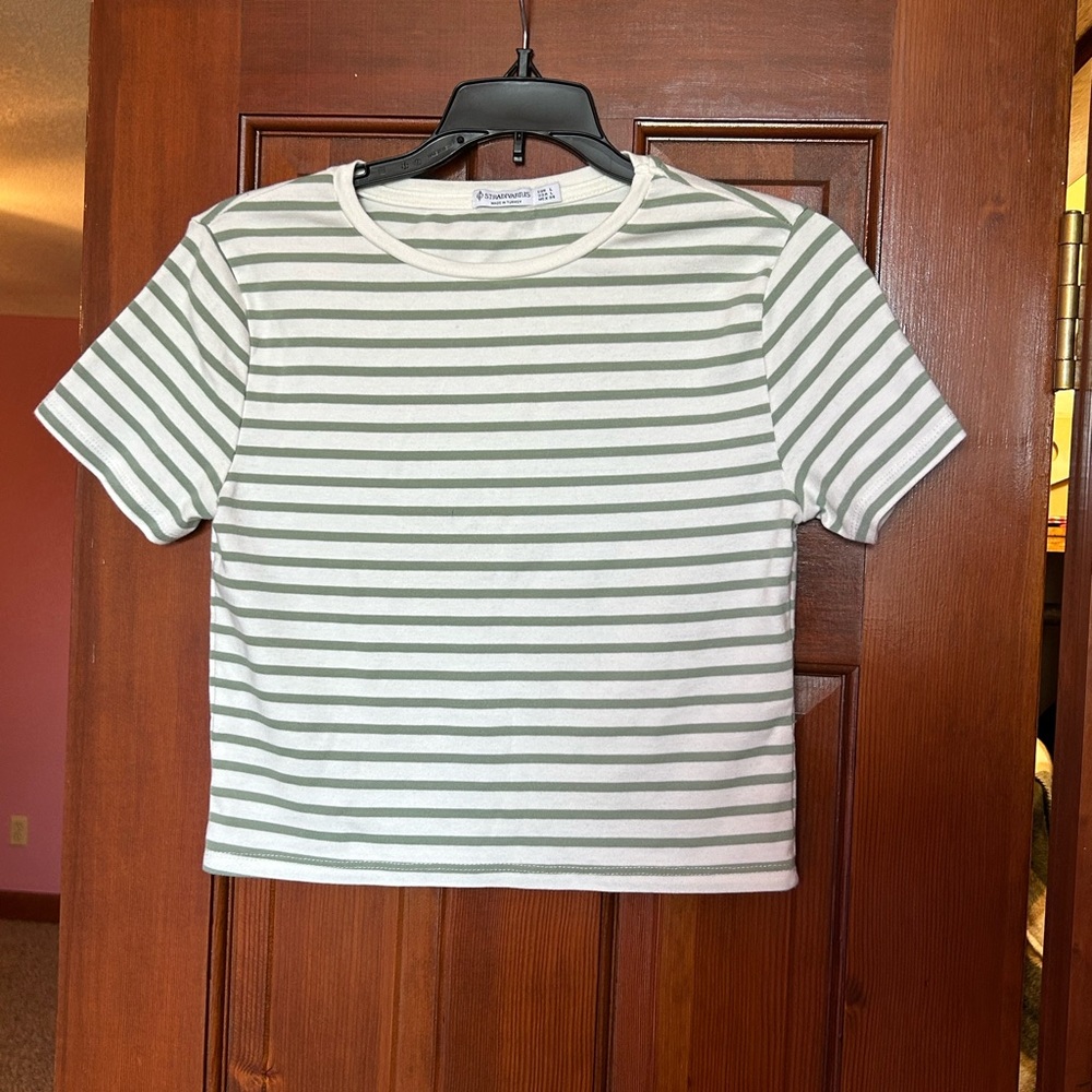 Stradivarius Green and White Striped Short Sleeve Tee